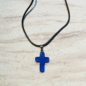 Blue Cross Pendant Necklace on Black Leather Cord
